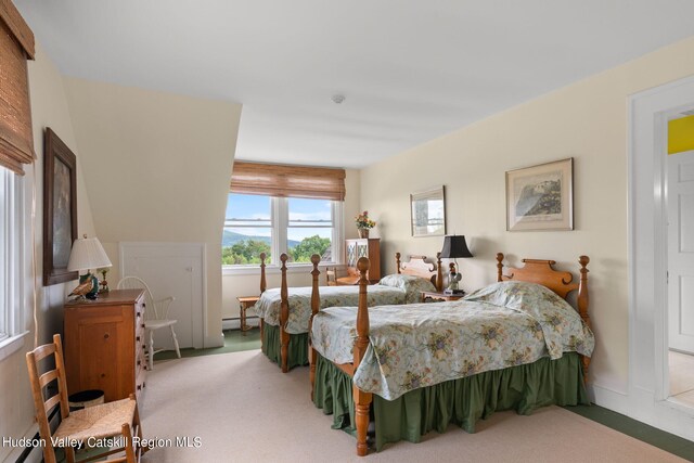 carpeted bedroom featuring a baseboard radiator