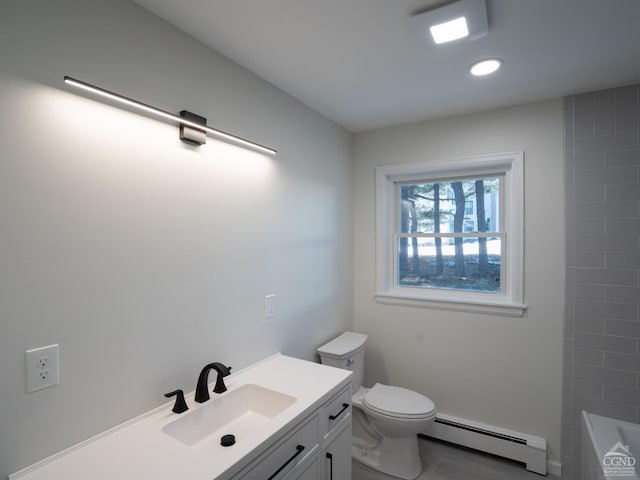 bathroom featuring a baseboard radiator, toilet, a bathtub, vanity, and a shower