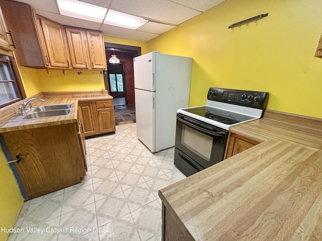 1918 County Route 8, Elizaville, NY 12523 - kitchen with range with electric cooktop, a sink, freestanding refrigerator, light countertops, and a paneled ceiling