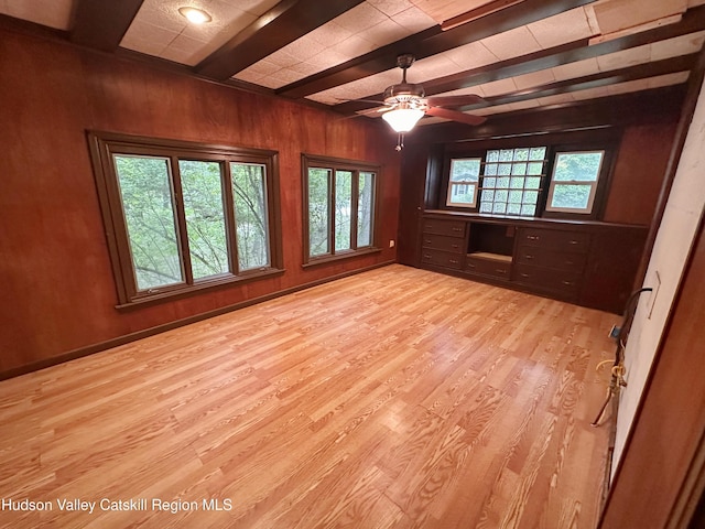 1918 County Route 8, Elizaville, NY 12523 - spare room featuring light wood-style floors, beam ceiling, wood walls, and ceiling fan