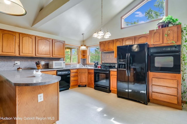 kitchen with backsplash, black appliances, high vaulted ceiling, a notable chandelier, and hanging light fixtures