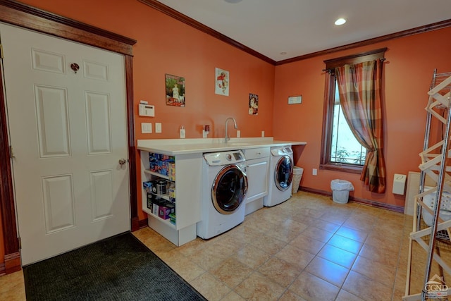 52 Hadley Dr, New Baltimore, NY 12087 - washroom featuring ornamental molding, washer and clothes dryer, recessed lighting, and baseboards