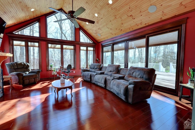 52 Hadley Dr, New Baltimore, NY 12087 - living room with high vaulted ceiling, healthy amount of natural light, a ceiling fan, wood ceiling, and wood finished floors