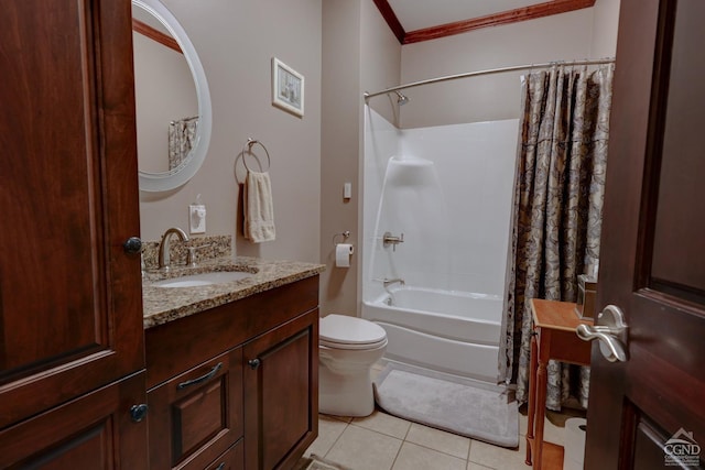 52 Hadley Dr, New Baltimore, NY 12087 - bathroom featuring tile patterned flooring, shower / tub combo with curtain, toilet, ornamental molding, and vanity