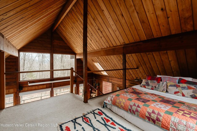 carpeted bedroom featuring wooden walls, wooden ceiling, and lofted ceiling