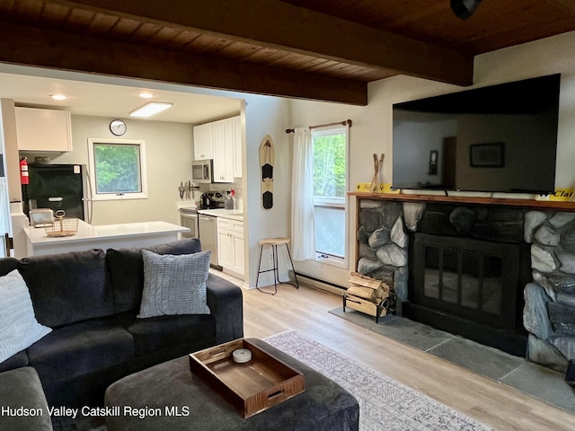 72 Hunter Dr Unit L-1, Hunter, NY 12442 - living room with light wood-type flooring, a fireplace, a wooden ceiling with exposed beams, and recessed lighting