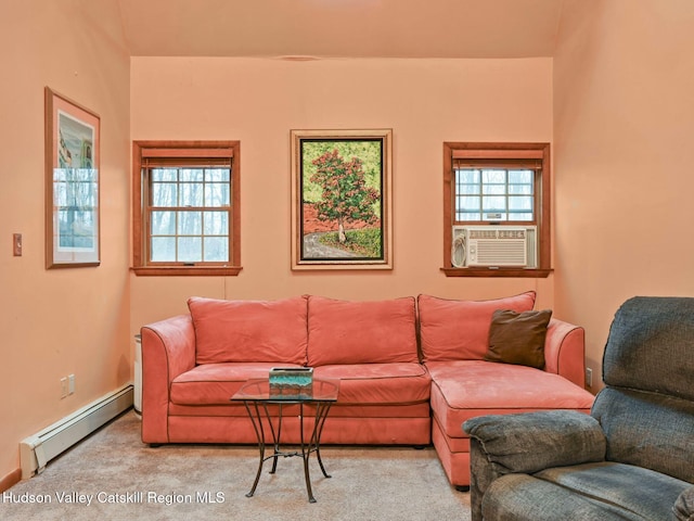 2846 Rte 32, Saugerties, NY 12477 - carpeted living room with a baseboard radiator, plenty of natural light, and cooling unit