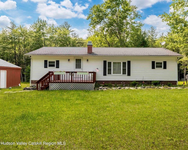 315 Begley Rd, Windham, NY 12496 - rear view of house with a wooden deck, a yard, and a chimney