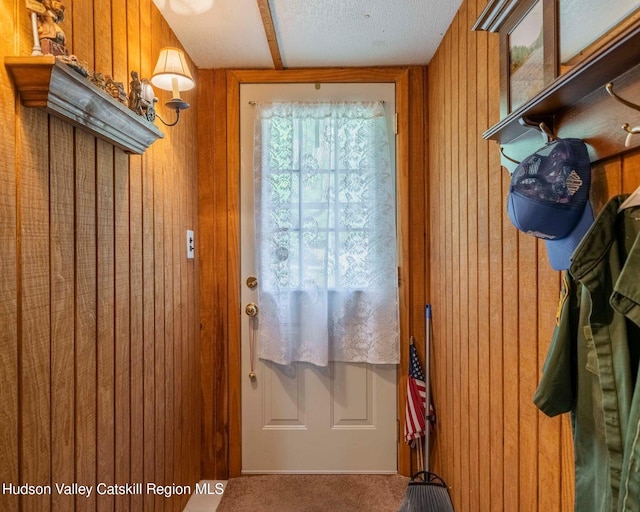315 Begley Rd, Windham, NY 12496 - doorway to outside with wood walls and carpet flooring