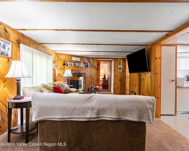 315 Begley Rd, Windham, NY 12496 - living room featuring wood walls, a brick fireplace, and carpet flooring