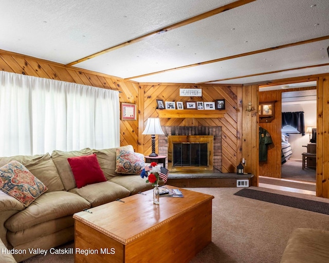 315 Begley Rd, Windham, NY 12496 - carpeted living room with a fireplace and wooden walls