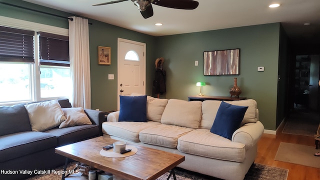 56 Church St, Plattekill, NY 12589 - living room with a ceiling fan, recessed lighting, wood finished floors, and baseboards