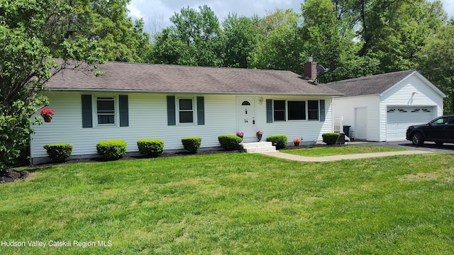 56 Church St, Plattekill, NY 12589 - ranch-style house featuring an outdoor structure, a front yard, a chimney, a garage, and asphalt driveway