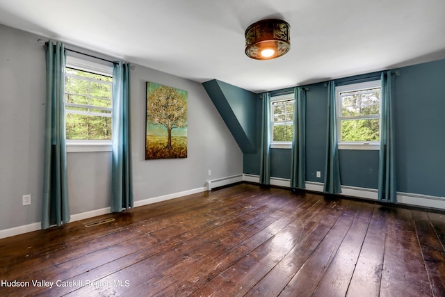 spare room with dark hardwood / wood-style flooring and a baseboard radiator