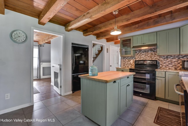 kitchen featuring green cabinets, backsplash, decorative light fixtures, light tile patterned flooring, and black appliances