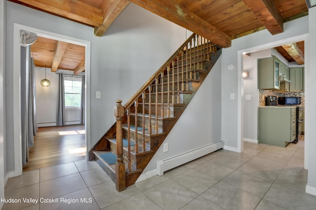 stairway featuring baseboard heating, tile patterned floors, wood ceiling, and beam ceiling