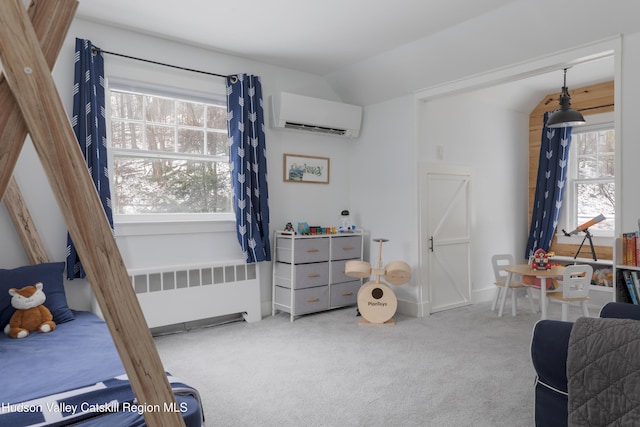 carpeted bedroom featuring lofted ceiling, an AC wall unit, and radiator