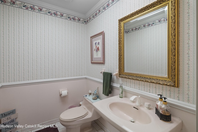 bathroom featuring a sink, ornamental molding, wainscoting, and toilet