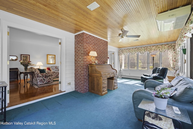 interior space with a ceiling fan, a baseboard heating unit, and wood ceiling