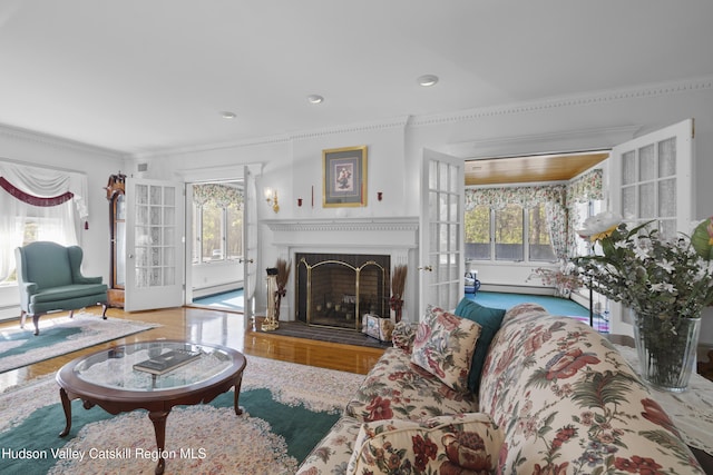living area featuring wood finished floors, a fireplace with raised hearth, a baseboard heating unit, ornamental molding, and recessed lighting