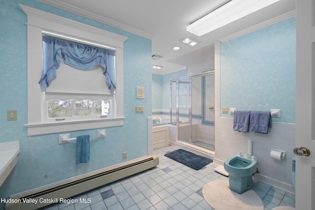 bathroom with tile patterned flooring, a shower stall, a baseboard radiator, a bidet, and a bath