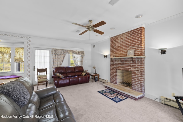 carpeted living room with crown molding, ceiling fan, visible vents, and a fireplace