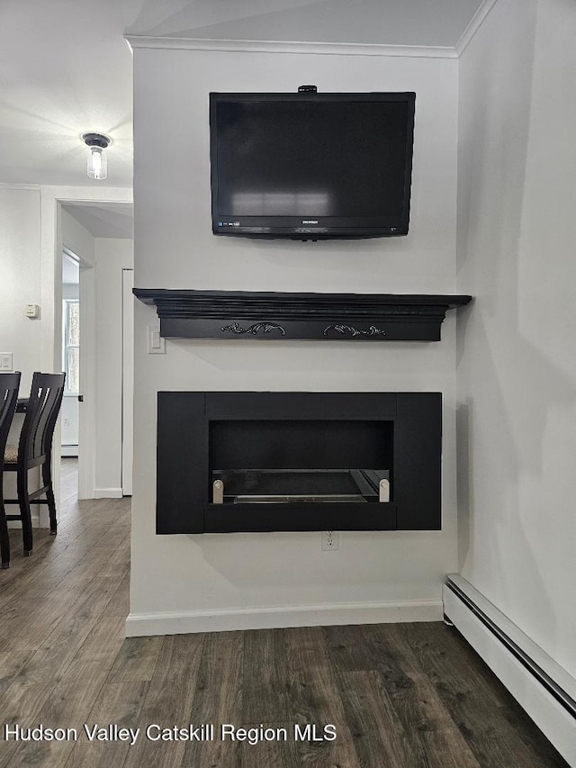 interior details featuring ornamental molding, wood finished floors, baseboards, and a baseboard radiator