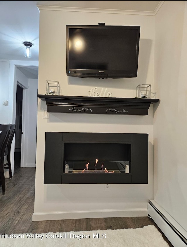 details with crown molding, baseboards, baseboard heating, a warm lit fireplace, and wood finished floors