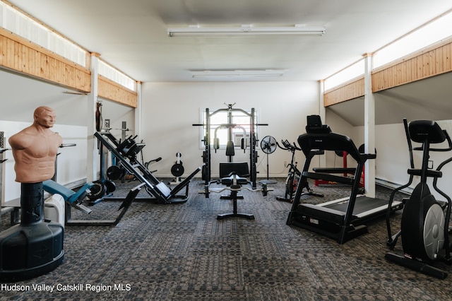 exercise room featuring dark carpet