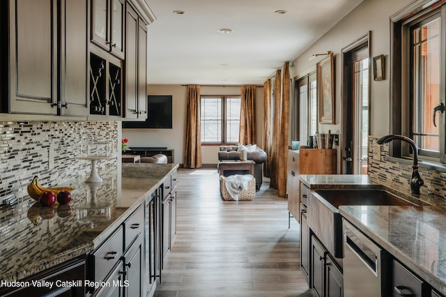 kitchen featuring tasteful backsplash, hardwood / wood-style floors, stainless steel dishwasher, and sink