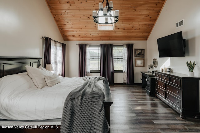 bedroom with dark hardwood / wood-style floors, wood ceiling, high vaulted ceiling, and an inviting chandelier