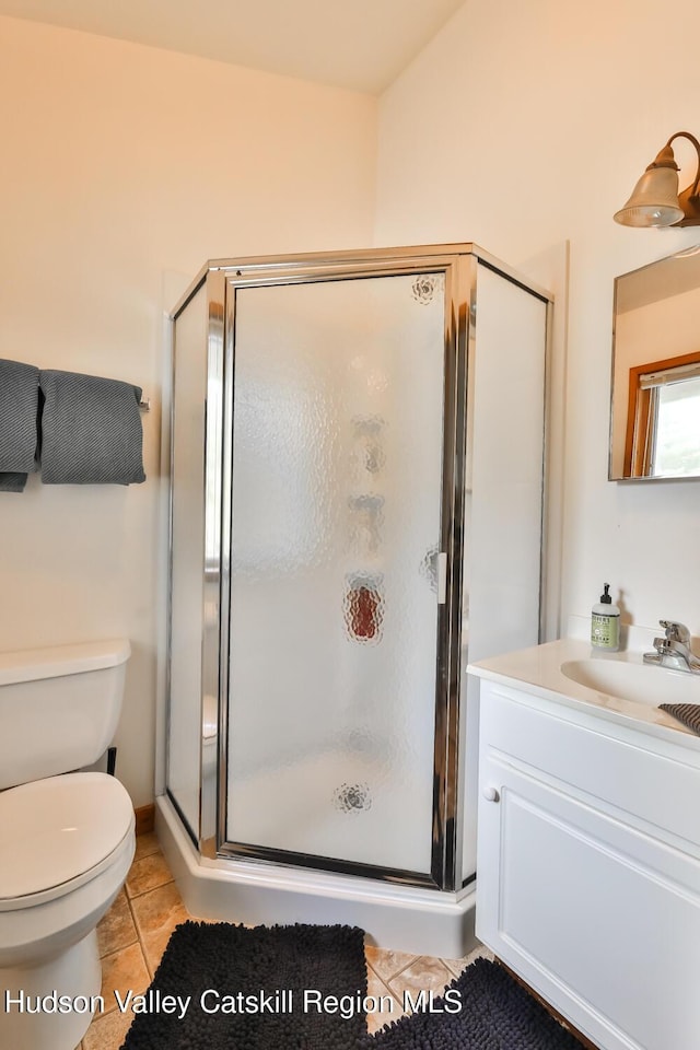 28 Loo Bridge Ln Unit 22A, Windham, NY 12496 - bathroom with a stall shower, vanity, and tile patterned flooring