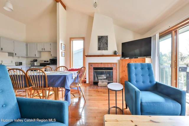 28 Loo Bridge Ln Unit 22A, Windham, NY 12496 - living area with healthy amount of natural light, light wood-type flooring, high vaulted ceiling, and a tiled fireplace