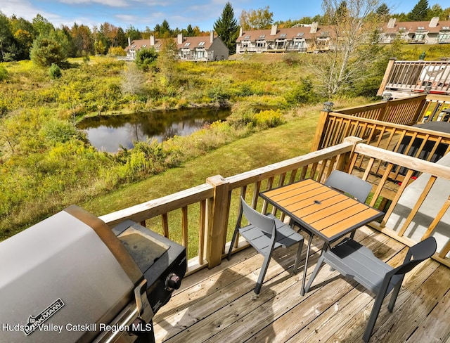 28 Loo Bridge Ln Unit 22A, Windham, NY 12496 - wooden deck featuring outdoor dining area, a residential view, and a water view