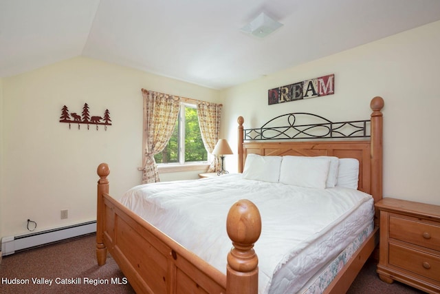 59 Mountain Dr, Hunter, NY 12442 - carpeted bedroom featuring a baseboard radiator and lofted ceiling