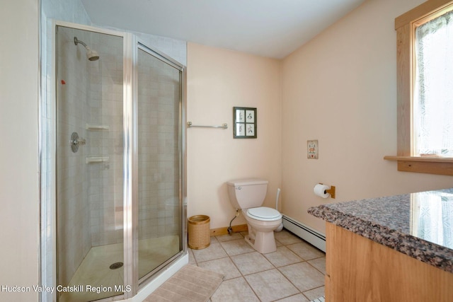 59 Mountain Dr, Hunter, NY 12442 - bathroom with baseboard heating, vanity, a shower stall, and tile patterned flooring