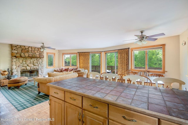 59 Mountain Dr, Hunter, NY 12442 - kitchen featuring tile counters, ceiling fan, and healthy amount of natural light