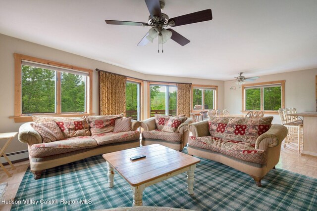 59 Mountain Dr, Hunter, NY 12442 - living area with a baseboard heating unit and a ceiling fan