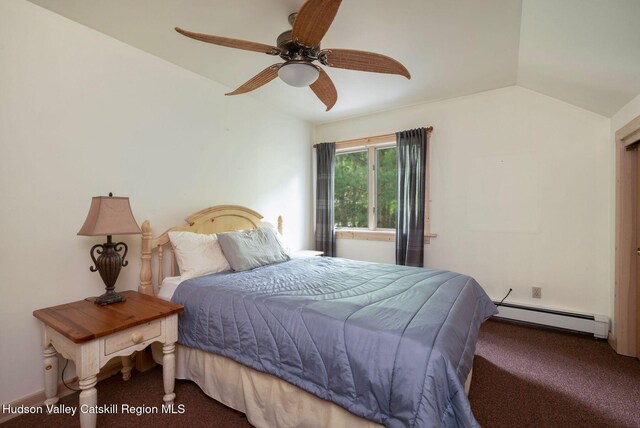 59 Mountain Dr, Hunter, NY 12442 - carpeted bedroom featuring a baseboard radiator, lofted ceiling, and ceiling fan