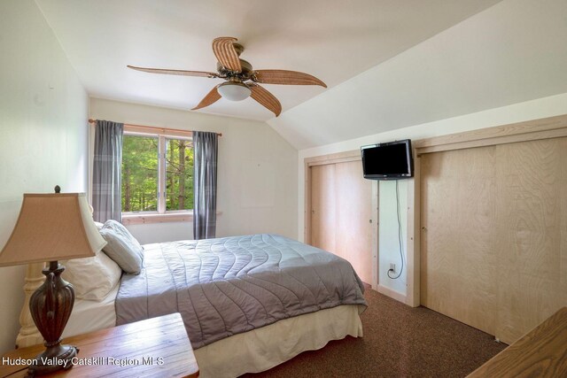 59 Mountain Dr, Hunter, NY 12442 - bedroom with vaulted ceiling, carpet flooring, and ceiling fan