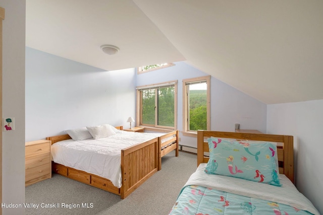 59 Mountain Dr, Hunter, NY 12442 - bedroom with a baseboard radiator, carpet, and lofted ceiling