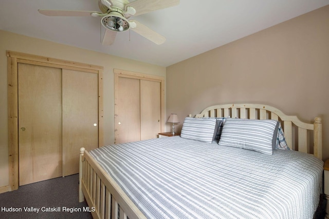 59 Mountain Dr, Hunter, NY 12442 - bedroom featuring two closets and a ceiling fan