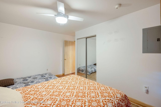 59 Mountain Dr, Hunter, NY 12442 - bedroom with electric panel, a closet, ceiling fan, and light carpet