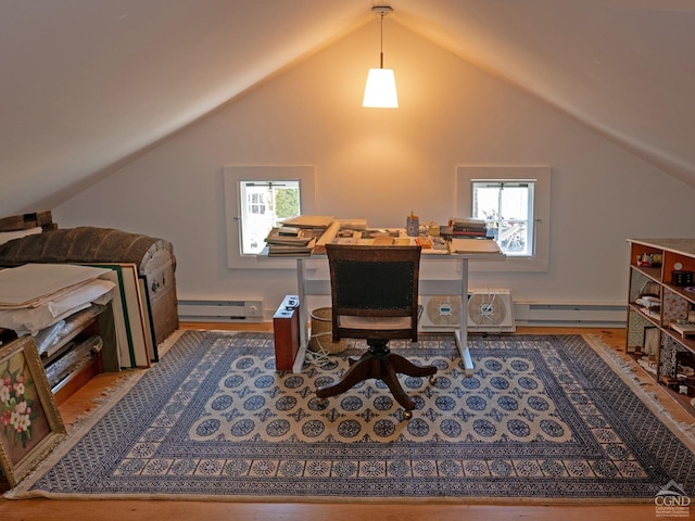 2456 State Route 82, Ancram, NY 12502 - office area featuring a baseboard radiator, lofted ceiling, baseboard heating, and healthy amount of natural light
