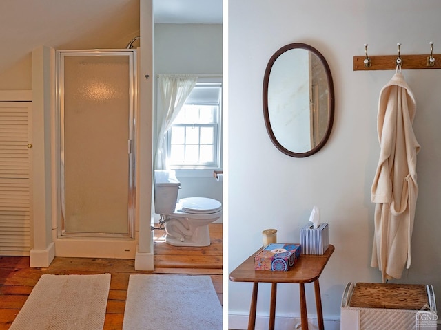2456 State Route 82, Ancram, NY 12502 - bathroom with wood finished floors, a stall shower, toilet, and baseboards