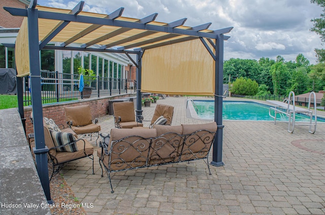 view of pool featuring a pergola, outdoor lounge area, and a patio area