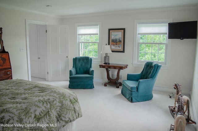 carpeted bedroom featuring crown molding