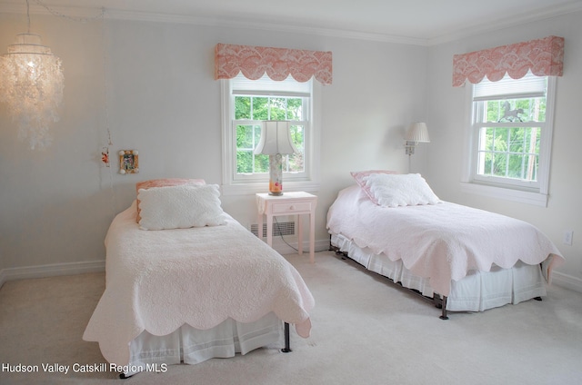 bedroom featuring carpet floors and ornamental molding