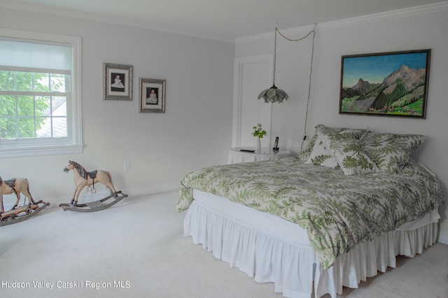 bedroom featuring crown molding and carpet floors