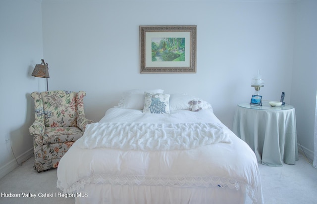 bedroom with light carpet